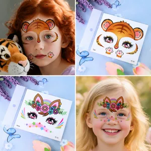 Tatuajes temporales de cara de animales de dibujos animados coloridos para los niños.