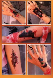 Adesivi tatuaggi temporanei Halloween impermeabili cicatrici insanguinate dettagli realistici.