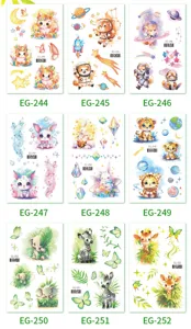 Adorables autocollants de tatouage temporaire animaux dessin animé aquarelle enfants lot