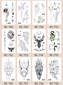Detailed view of waterproof temporary tattoo stickers sheet featuring minimalist animals and plants.