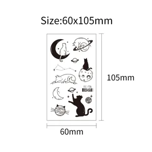 Waterproof temporary tattoo sticker black cute cat planet design body art 60x105mm.