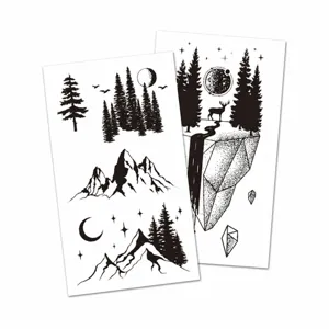 Waterproof black white temporary tattoo stickers with nature mountain forest designs for body art.
