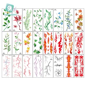 Waterproof temporary tattoo sticker sheet with floral, leaf, flame and lightning designs.