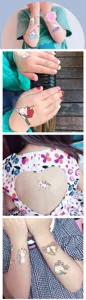 Cute cartoon unicorn temporary tattoo sticker detail showing vivid colors on children skin.