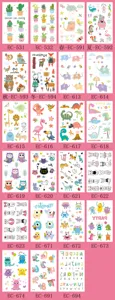 Cute cartoon kids temporary tattoo stickers set, assorted animal and dinosaur plant designs.
