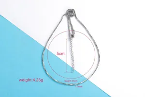 Stainless steel box chain necklace detail view with 45cm length and extension chain.