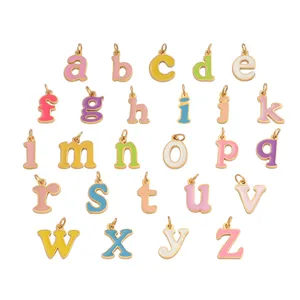 Colorful enamel lowercase letter charms for DIY jewelry making, gold-rimmed alphabet pendants.