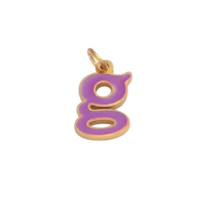 Gold metal lowercase letter g pendant featuring vibrant purple enamel filling for DIY jewelry making.