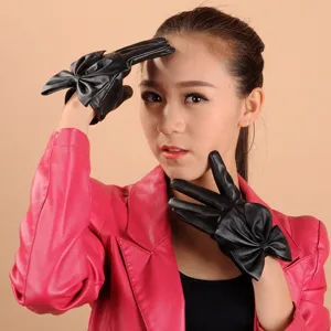 Gants en cuir PU noir pour femmes avec grand nœud mode performance accessoires de fête