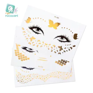 Gold foil face tattoo stickers for music festival makeup, waterproof temporary face set.