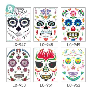 Waterproof Halloween temporary face tattoo stickers set, skull Day of the Dead cosplay makeup.