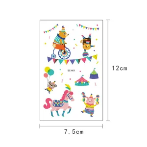 Planche de tatouage temporaire imperméable animaux de cirque pour enfants, designs mignons 7.5x12cm.