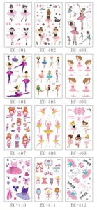 Set di adesivi per tatuaggi temporanei da ballerina di cartoni animati, body art per bambini.