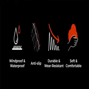 Detail view of winter ski gloves feature icons highlighting waterproof and windproof performance.