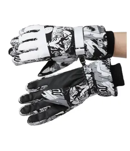 Black and white comic print winter ski gloves, warm thermal fleece lined for outdoor cycling.