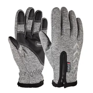 Detail view of winter thermal gloves featuring anti-slip palm, wrist zipper, and fleece lining.