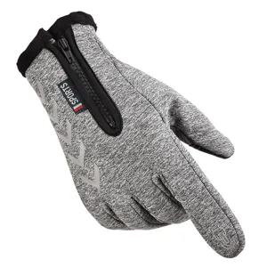 Grey fleece lined winter sports gloves detail, thermal waterproof zipper cycling gloves.