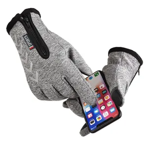 Winter touch screen gloves detail view, fleece lined warm grey knitted gloves with zipper.