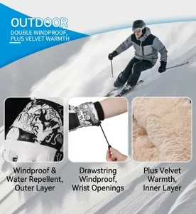 Winter ski gloves detail showing waterproof fabric, adjustable wrist strap and plush lining.