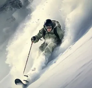 Outdoor winter skiing scene detail, high-altitude snowy slope action photography.