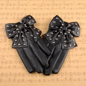 Gants femme en cuir PU noir avec grand nœud et rivets style punk gothique danse