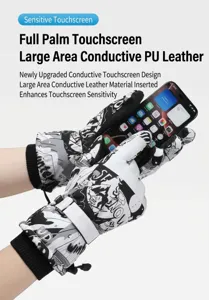 Winter ski gloves detail showing touchscreen conductive PU leather palm and comic print design.