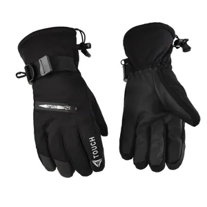 Detailed view of black winter ski gloves featuring waterproof fabric and touch screen fingertips.