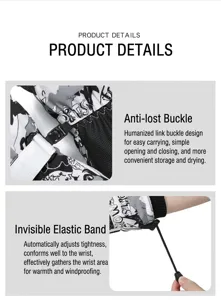Ski gloves detail showcasing anti-lost buckle and invisible elastic wrist band design.
