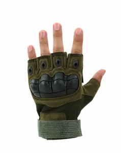 Tactical half-finger gloves detail, hard knuckle protection and breathable fabric design.