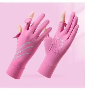 Pink half finger sun protection cycling gloves with anti slip dots for outdoor sports.