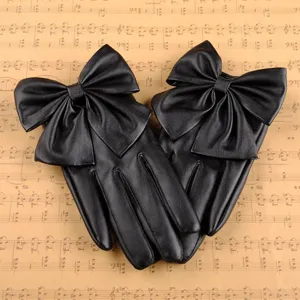 Gants en cuir PU noir pour femmes avec grand noeud, gants longs élégants pour fête et spectacle.