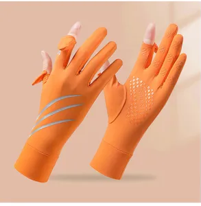 Orange sun protection cycling sports gloves with anti-slip dots and reflective stripes for outdoor use.