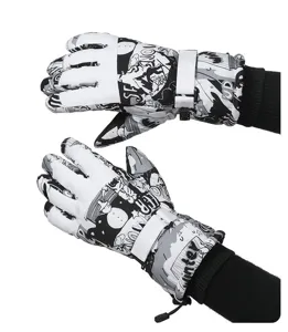 Black and white comic print winter ski gloves, fleece lined waterproof thermal cycling gloves.