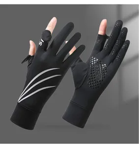 Detailed view of sun protection sports gloves with anti-slip silicone dots and reflective stripes.