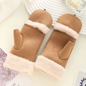 Women Winter Warm Suede Gloves Fleece Lined Flip Cover Fingerless Mittens Casual Solid Color Cold Weather Gloves