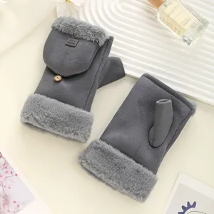 Women's winter warm plush fleece-lined convertible flip-top fingerless gloves in grey color