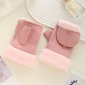 Cute pink women winter suede convertible fingerless gloves with soft plush faux fur cuffs.
