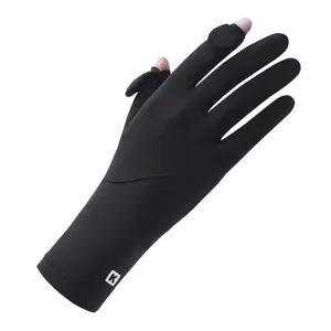 Guanti protezione solare neri donna in seta di ghiaccio traspirante UV design due dita apribili