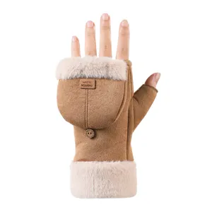Women winter warm suede gloves convertible fingerless plush lined cozy typing mittens