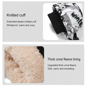 Winter ski gloves with extended knitted cuffs and thick coral fleece lining for warmth.