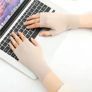Beige thermal fingerless gloves for typing warm winter stretchy wrist support 1 pair