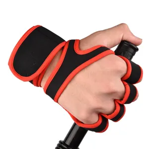 Detail view of black and red fitness wrist wrap and palm protector for weightlifting.