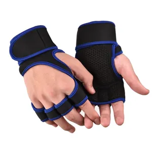 Fitness workout gloves with wrist wraps, half finger weightlifting exercise training gear.