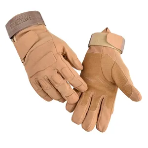 Durable khaki tactical full finger gloves with anti-slip palm and knuckle protection.