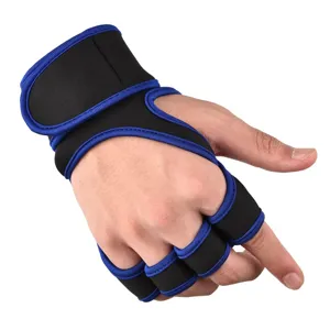 Detailed view of half finger fitness gym gloves with extended compression wrist wraps support.