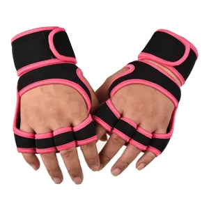 Detailed view of fitness gym gloves with extended wrist wraps, half-finger design and grip support.