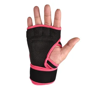 Close-up view of fitness gym gloves featuring honeycomb texture and extended wrist support straps.