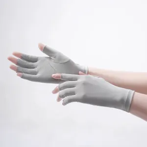 Women ice silk half finger UV protection sun gloves for driving outdoor sports anti slip gray