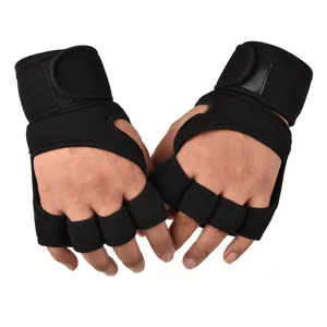 Detailed view of black gym fitness gloves with extended wrist wraps for weightlifting support.