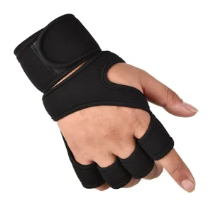 Black fitness training gloves with extended wrist wrap for weightlifting and gym workouts.